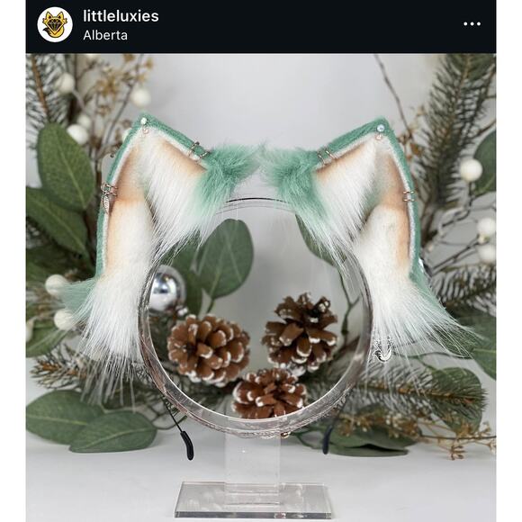 Little Luxies Sage Green Cat Ears and Tail Set Realistic Nekomimi Headband - Picture 3 of 8